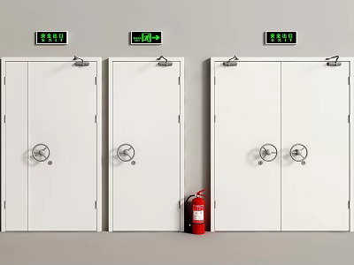 Fire Safety Equipment With White Fire Doors Exit Signs And Red Fire Extinguisher 3d model