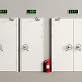 Fire Safety Equipment With White Fire Doors Exit Signs And Red Fire Extinguisher