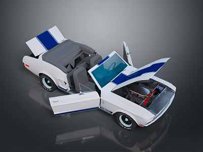 Vintage White Blue Striped Convertible Car with Open Doors and Hood 3d model