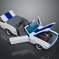 Vintage White Blue Striped Convertible Car with Open Doors and Hood