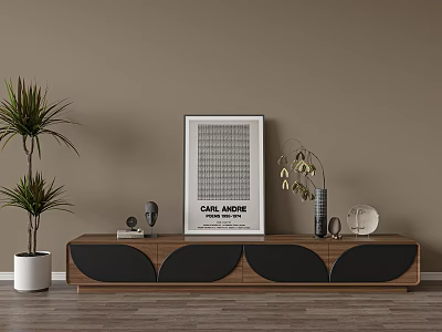 Wooden TV Stand With Black Accents Curved Design Poster Vase Decorations And Green Plant 3d model