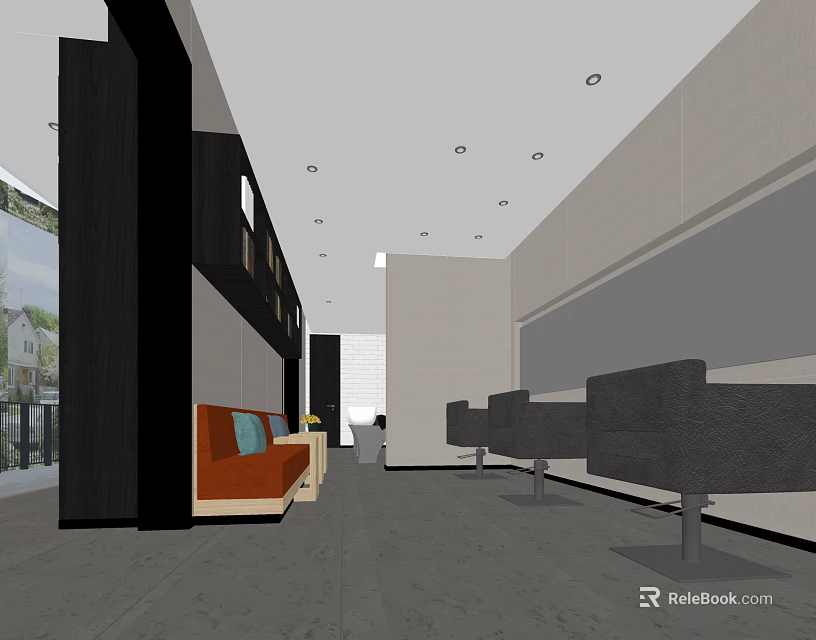 Modern Beauty Salon Interior With Orange Waiting Sofa And Grey Styling Chairs 3d model 