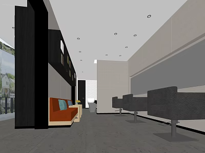Modern Beauty Salon Interior With Orange Waiting Sofa And Grey Styling Chairs 3d model