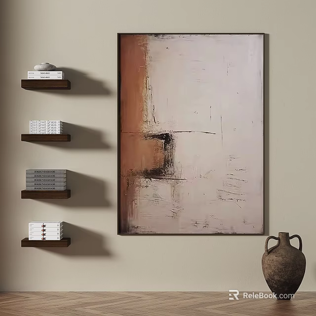 Minimalist Abstract Painting on Beige Wall with Wooden Shelves Books and Clay Vase 3d model 