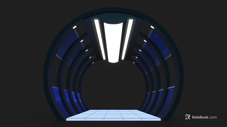 Modern Event Passageway With Circular Arched Structure Blue Panels White Strip Lights And Checkerboard Floor 3d model 