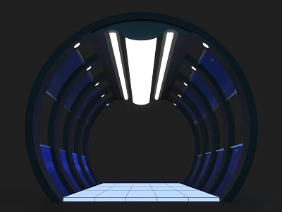 Modern Event Passageway With Circular Arched Structure Blue Panels White Strip Lights And Checkerboard Floor 3d model