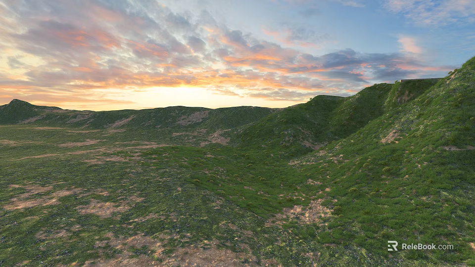 Stunning Colorful Sunset Sky Over Lush Green Rolling Grassy Hills Beautiful Outdoor Natural Landscape 3d model 