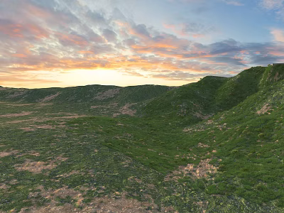 Stunning Colorful Sunset Sky Over Lush Green Rolling Grassy Hills Beautiful Outdoor Natural Landscape 3d model