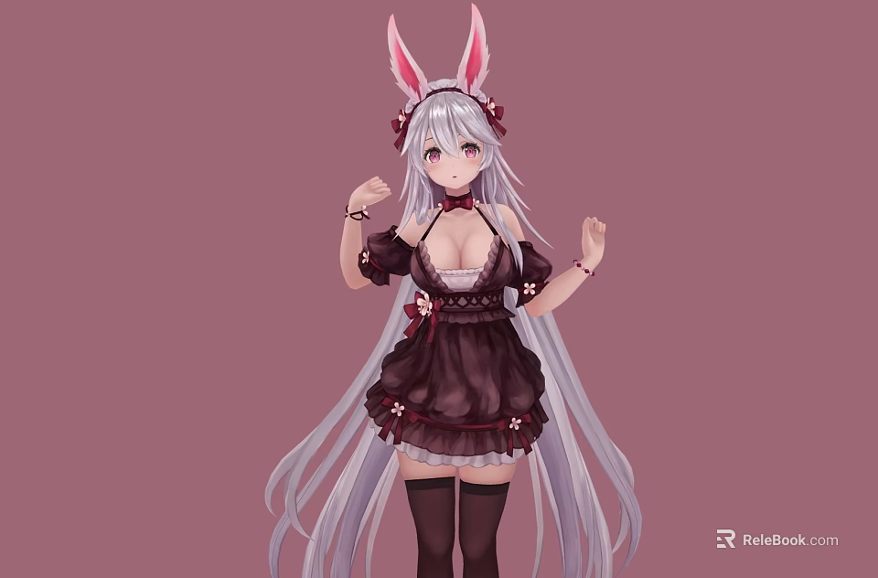 Rabbit Ear Doll With Long Silver Hair Dark Brown Maid Outfit And Lace Trim 3d model 