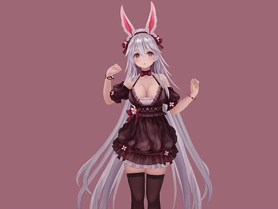 Rabbit Ear Doll With Long Silver Hair Dark Brown Maid Outfit And Lace Trim 3d model