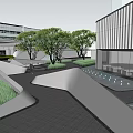 Modern Urban Landscape Design Around Buildings With Green Plants Water Features And Walkways