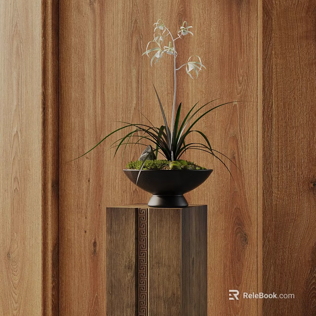 Bonsai Plant On Wooden Base With White Flowers Slender Leaves In Black Bowl Shaped Pot 3d model 