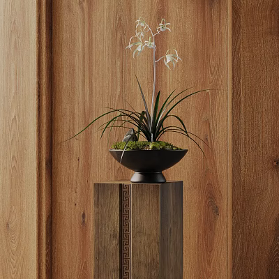 Bonsai Plant On Wooden Base With White Flowers Slender Leaves In Black Bowl Shaped Pot 3d model