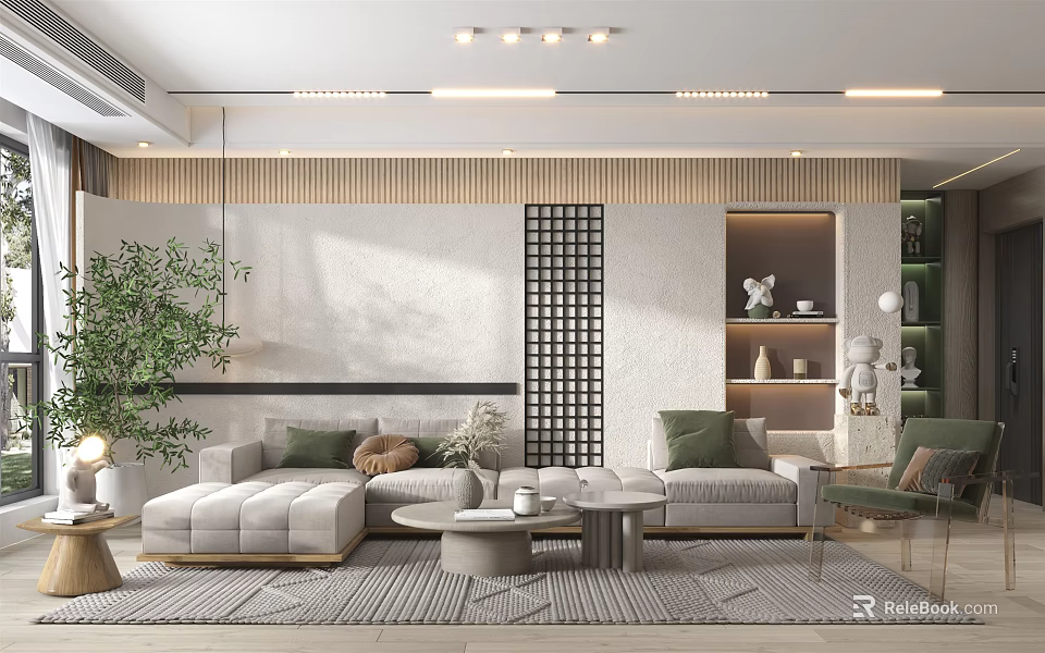 Modern Living Room Interior Design With Grey Sofa Green Plant Grid Wall Coffee Tables Carpet 3d model 