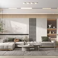 Modern Living Room Interior Design With Grey Sofa Green Plant Grid Wall Coffee Tables Carpet