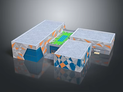 Cartoon Scene Modern Geometric Buildings With Orange Blue Diamond Patterns Green Courtyard And Reflective Ground 3d model