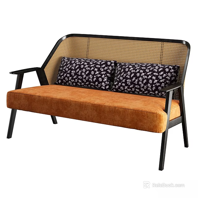 Modern Two Seater Sofa With Black Frame Wicker Backrest Orange Cushion And Patterned Pillows 3d model 