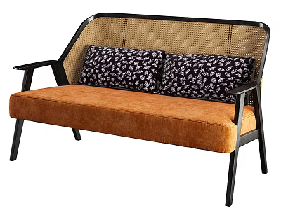 Modern Two Seater Sofa With Black Frame Wicker Backrest Orange Cushion And Patterned Pillows 3d model