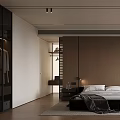 Modern Bedroom Interior With Black Bed Wooden Accent Wall And Minimalist Design