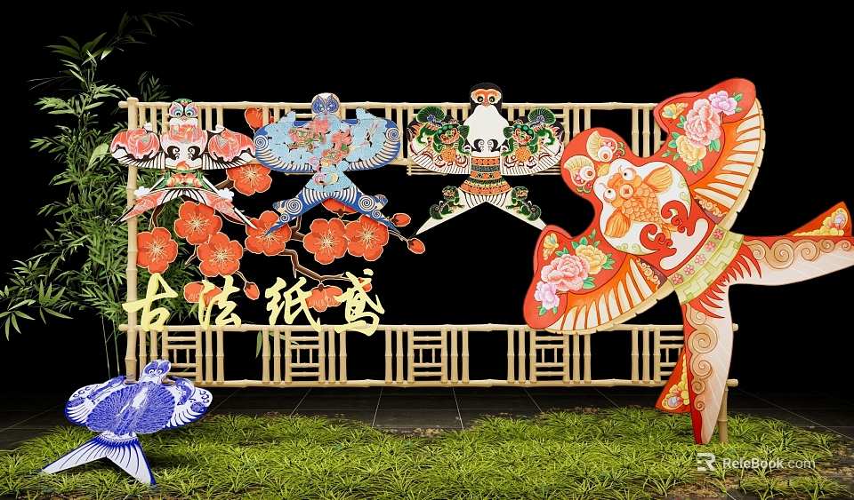 Traditional Paper Kite Shop Window Display With Colorful Designs Bamboo Frame And Floral Decorations 3d model 