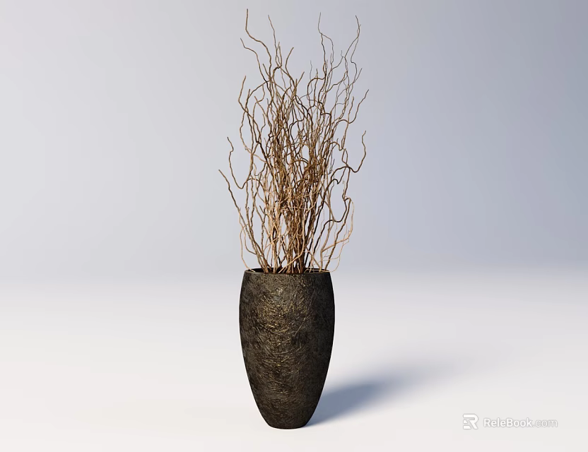Modern Textured Dark Vase With Tall Dried Branches On Light Background 3d model