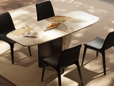 Modern Dining Table Set With Oval Marble Top Black Chairs Fruit Bowl And Book On Rug 3d model