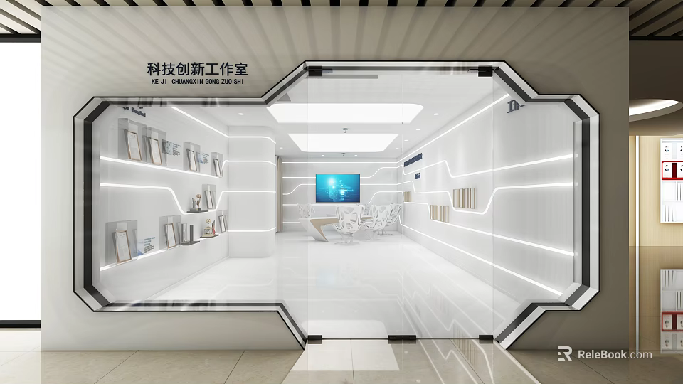 Modern Tech Innovation Office With Glass Entrance White Interior Display Shelves And Large Screen 3d model 