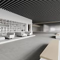 Modern Front Desk Reception Area With White Walls Black Ceiling And Glass Railing Staircase