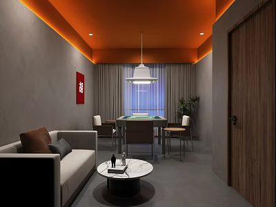 Hotel Mahjong Room Interior With Orange Ceiling Gray Walls Sofa Round Table And Hanging Lamp 3d model