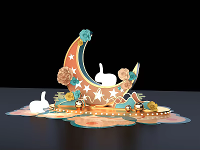 Decorative Moon Shape Display With Colorful Rabbit Stars Flowers And Clouds 3d model