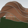 Wave Shaped Wooden Architectural Structure On Green Grass Under Blue Sky 3d model