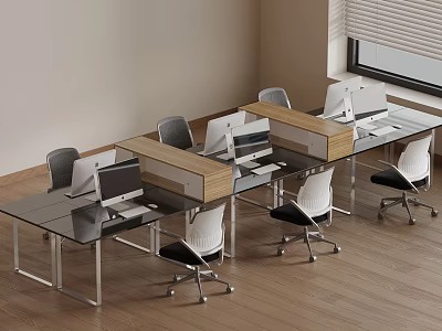 Modern Office Workspace With Glass Desks Computers Wooden Dividers And White Chairs 3d model