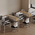 Modern Office Workspace With Glass Desks Computers Wooden Dividers And White Chairs