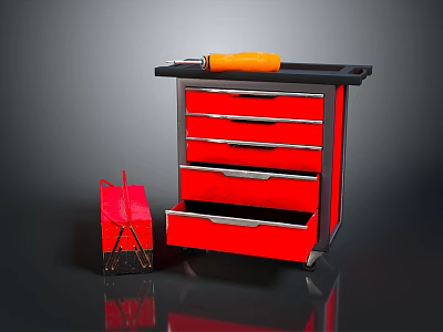 Red Tool Cabinet With Multiple Drawers Open Drawer Tool Bag And Orange Tool On Top 3d model