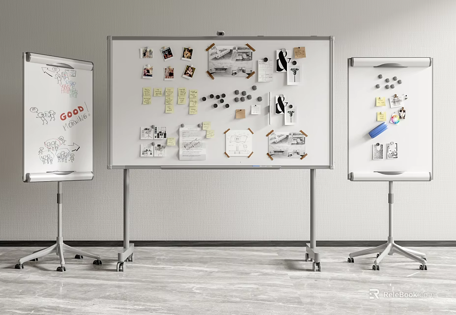 Musical Instruments And Art Supplies Creative Display On Whiteboards With Notes Photos Sketches 3d model 