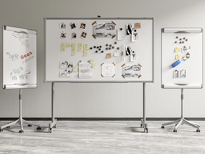 Musical Instruments And Art Supplies Creative Display On Whiteboards With Notes Photos Sketches 3d model
