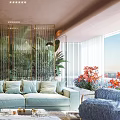 Elegant Modern Living and Dining Room Interior With Light Blue Sofa And Marble Coffee Table