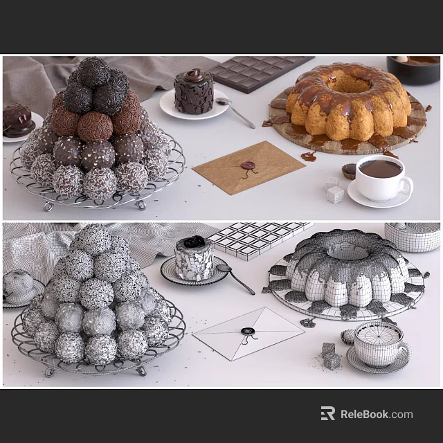 Delicious Chocolate Truffle Tower Bundt Cake And Coffee Cup On Dessert Platter 3d model 