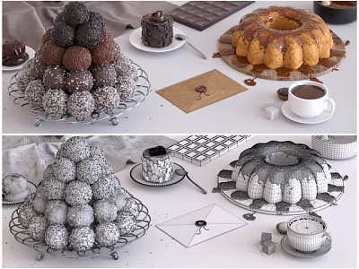 Delicious Chocolate Truffle Tower Bundt Cake And Coffee Cup On Dessert Platter 3d model