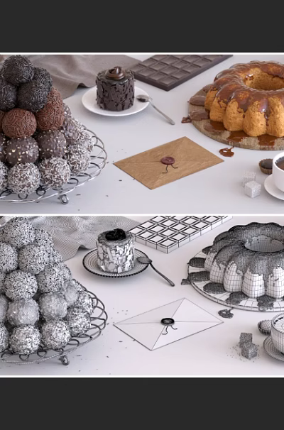 Delicious Chocolate Truffle Tower Bundt Cake And Coffee Cup On Dessert Platter 3d model