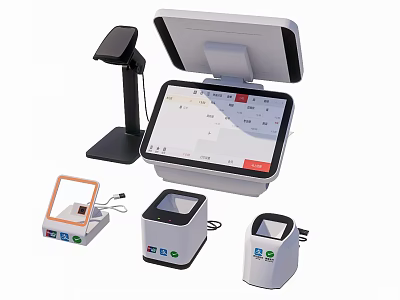 Modern Business Equipment With POS Terminal Barcode Scanner And Receipt Printer 3d model