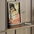 Wooden Decorative Cabinet With Grid Design Featuring Books Vase Painting And Table Lamp