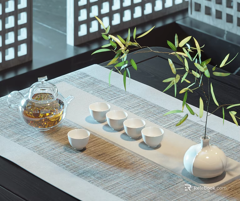 Elegant Glass Tea Set with Teapot White Teacups and Bamboo Leaves on Woven Mat 3d model 