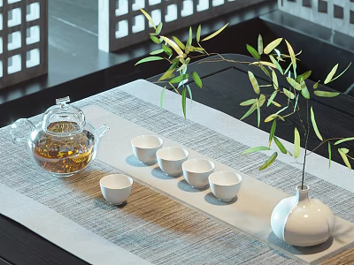 Elegant Glass Tea Set with Teapot White Teacups and Bamboo Leaves on Woven Mat 3d model