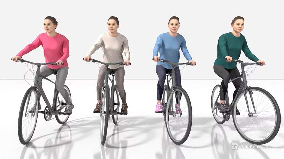 Four women casually riding bicycles wearing casual long sleeve tops in various colors 3d model 
