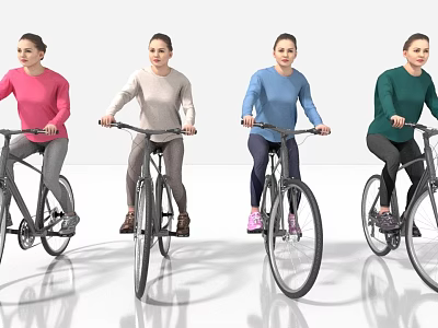 Four women casually riding bicycles wearing casual long sleeve tops in various colors 3d model