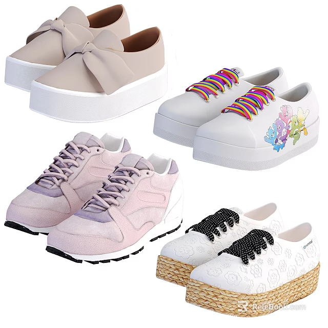Various Stylish Shoes With Bow Detail Rainbow Laces Butterfly Prints Platform Soles And Pastel Tones 3d model 