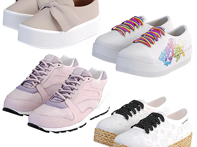 Various Stylish Shoes With Bow Detail Rainbow Laces Butterfly Prints Platform Soles And Pastel Tones 3d model