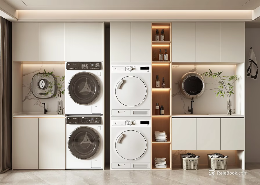 Modern White Bathroom Cabinetry Interior With Washer Dryer Mirror And Storage 3d model 