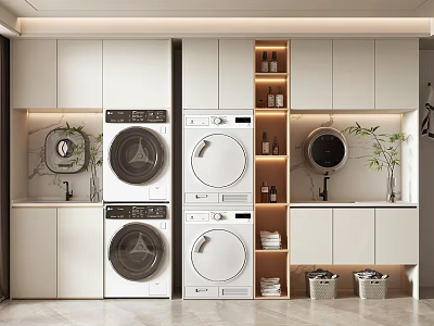 Modern White Bathroom Cabinetry Interior With Washer Dryer Mirror And Storage 3d model